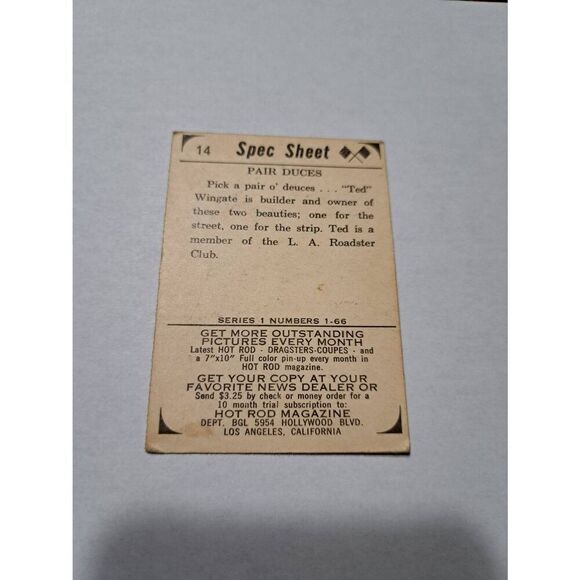 Vintage 1965 Hot Rod Magazine 14 Spec Sheet Pair Duces Ted Windgate Trading Card - Picture 2 of 2